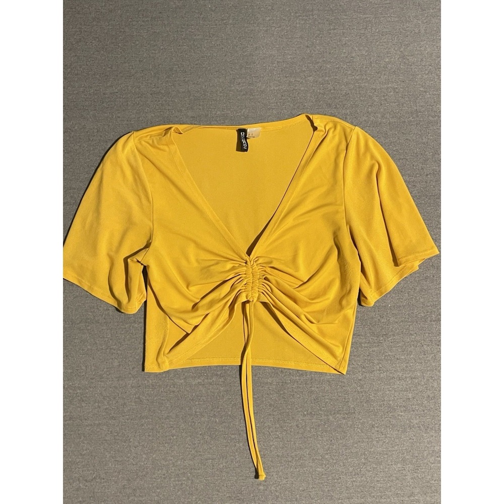 H&M Yellow Ruched Front Crop Top‎ Womens Medium Tie Front Stretch Summer